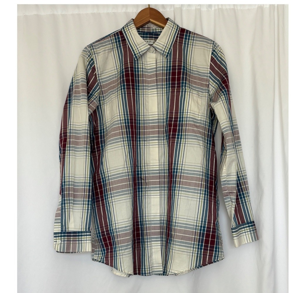Orvis Womens Plaid Burgundy Button Down Shirt Size 12‎ Lagenlook Preppy